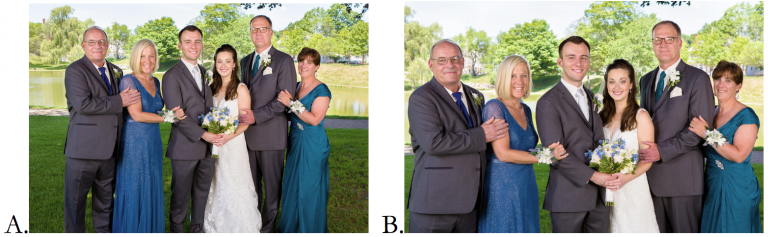 Do not cut people off at their joints. A. Subjects cut off at ankles. B. Subjects properly framed at ¾ length, ending just above the knee.