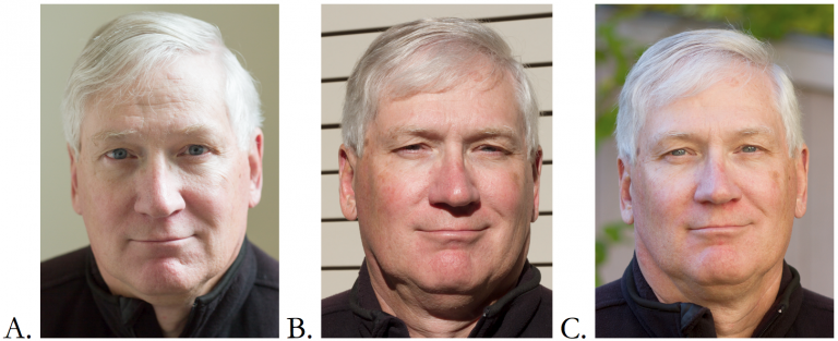 Natural light examples: A. window/side light B. midday light from above C. shade light