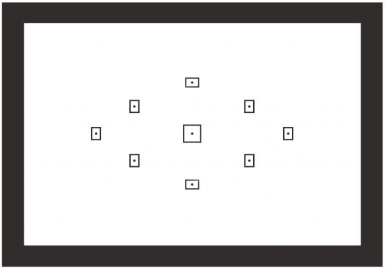  View inside an eyepiece of a camera with 9 focus points 