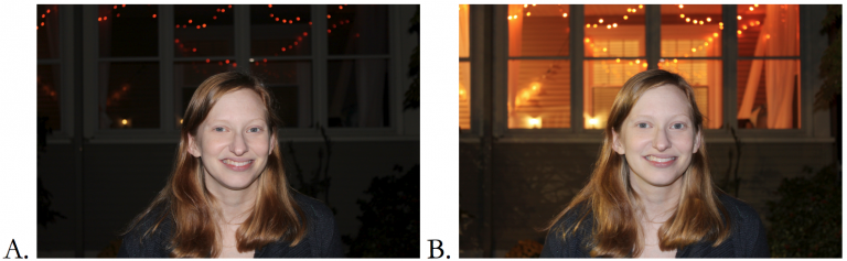 A. Shutter priority mode with flash. B. Night portrait preset