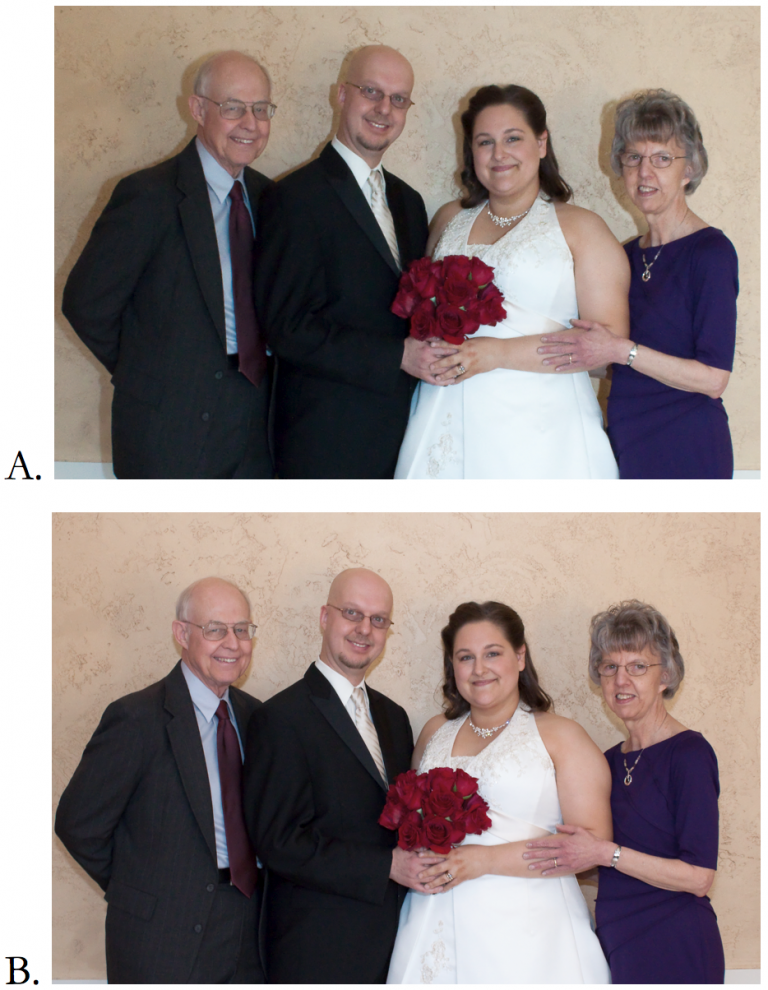 A. Shot taken in portrait orientation with pop-up flash. B. Shot taken in landscape orientation with pop-up flash.