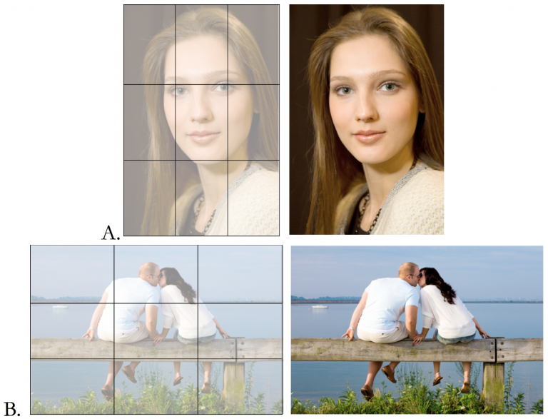 Examples using the rule of thirds for strong compositions. A. Eyes fall on intersections of lines. B. Horizon falls on lines.